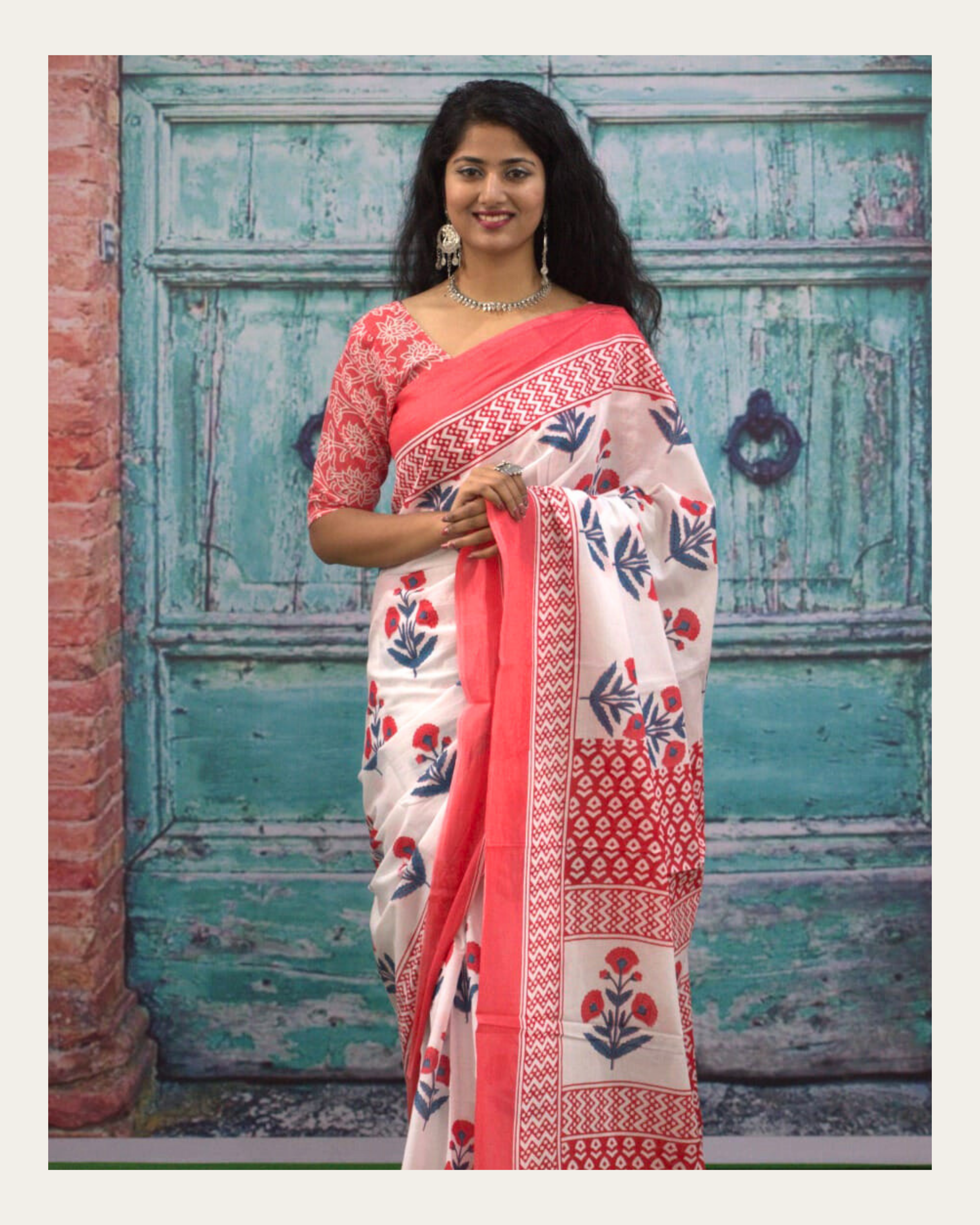 Pankhuri Bloom Pure Cotton Bagru Print Saree-Coral Neel on White