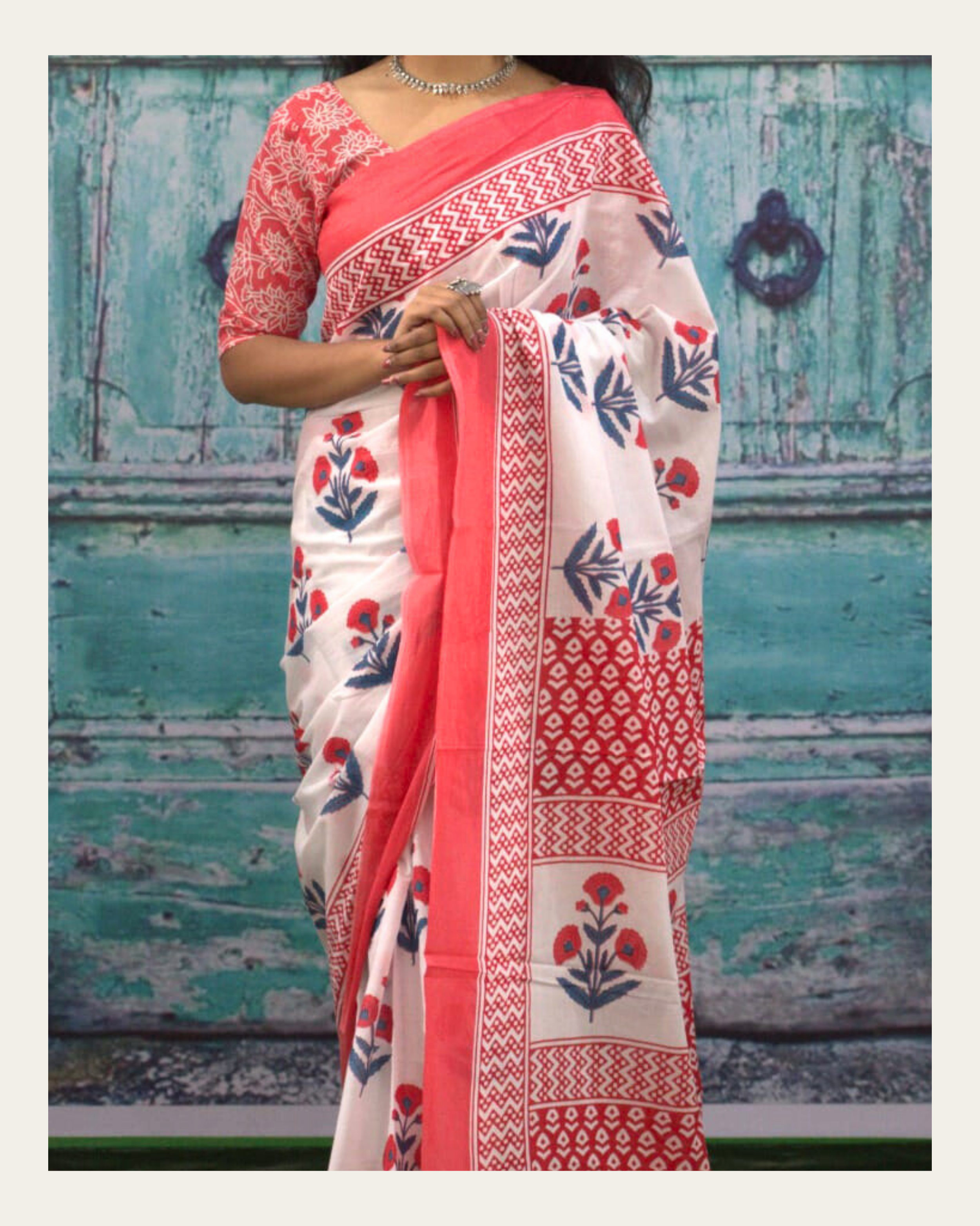Pankhuri Bloom Pure Cotton Bagru Print Saree-Coral Neel on White