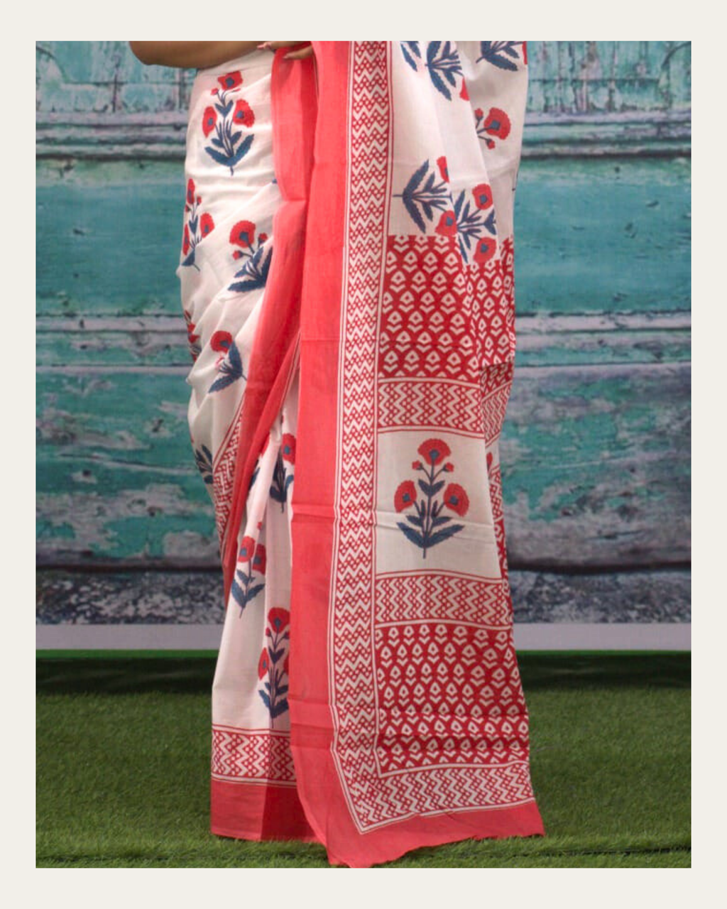 Pankhuri Bloom Pure Cotton Bagru Print Saree-Coral Neel on White