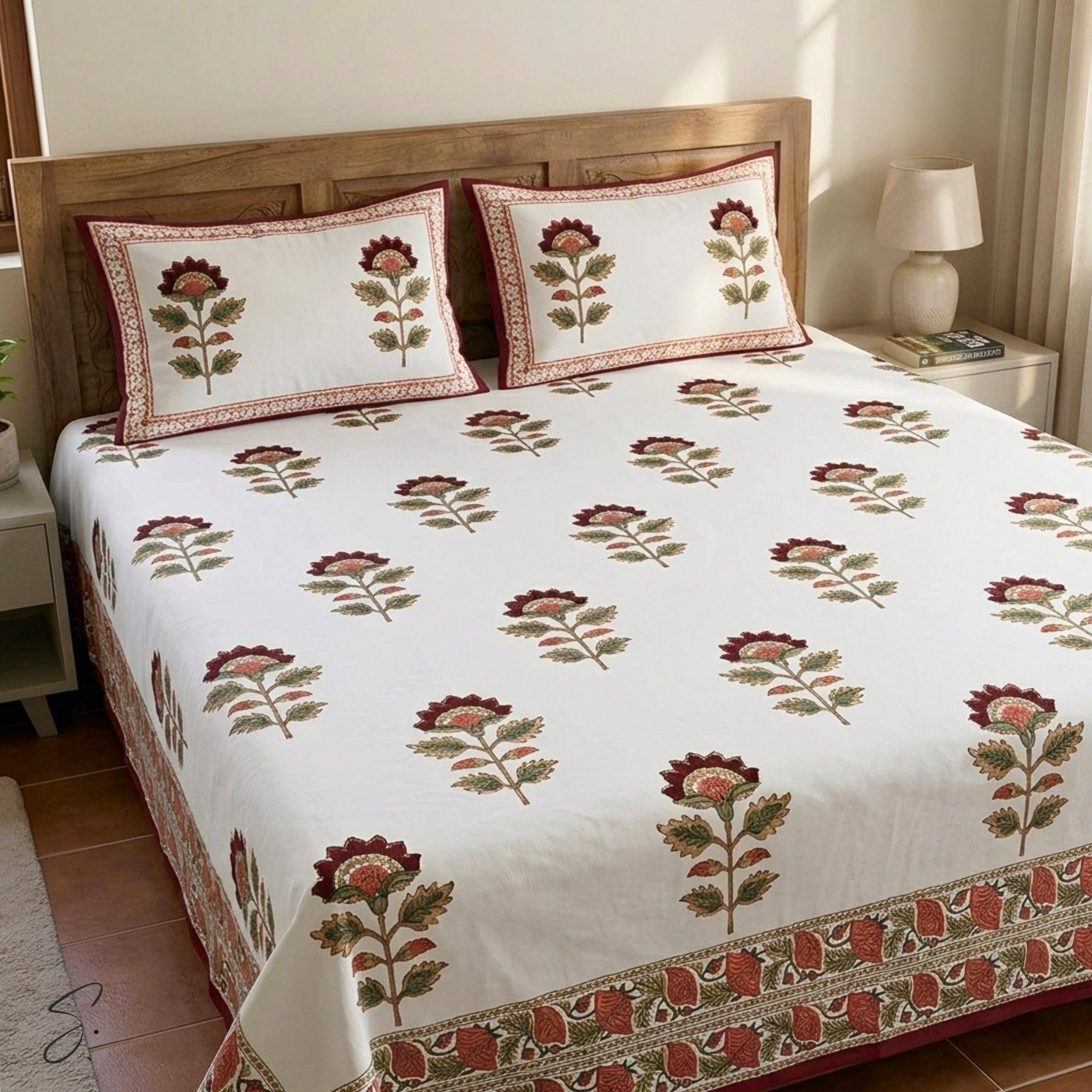 A white bedspread and matching pillowcases featuring a traditional floral block print pattern in terracotta red, olive green, and beige, styled on a wooden bed in a warm, neutral-toned bedroom.