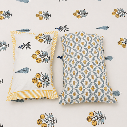 Two decorative throw pillows displayed on a matching patterned wallpaper. The left pillow is white with a yellow striped border and a yellow and blue botanical print.