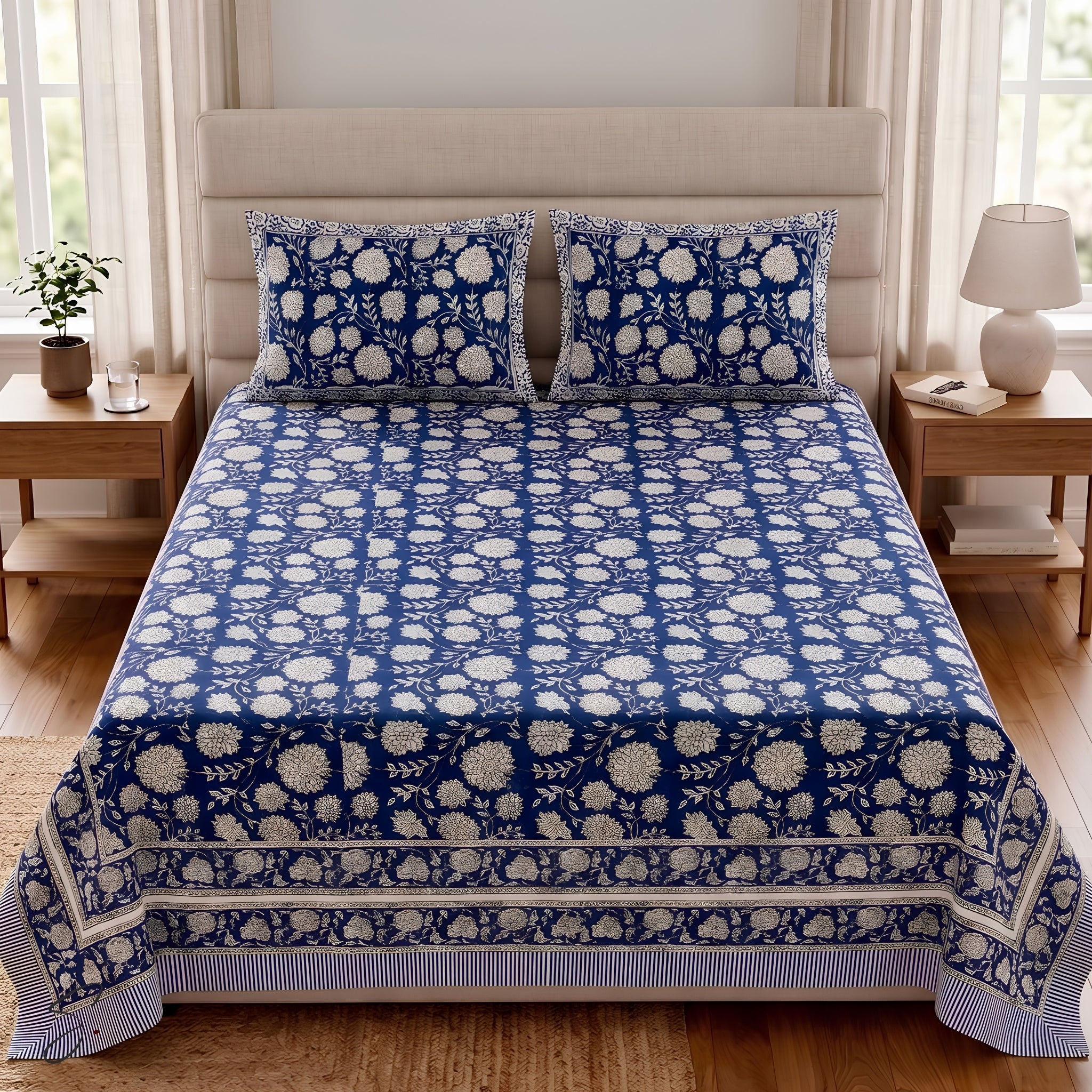 A neatly made bed in a bright bedroom setting, covered with a blue and white floral patterned bedsheet and matching pillowcases.