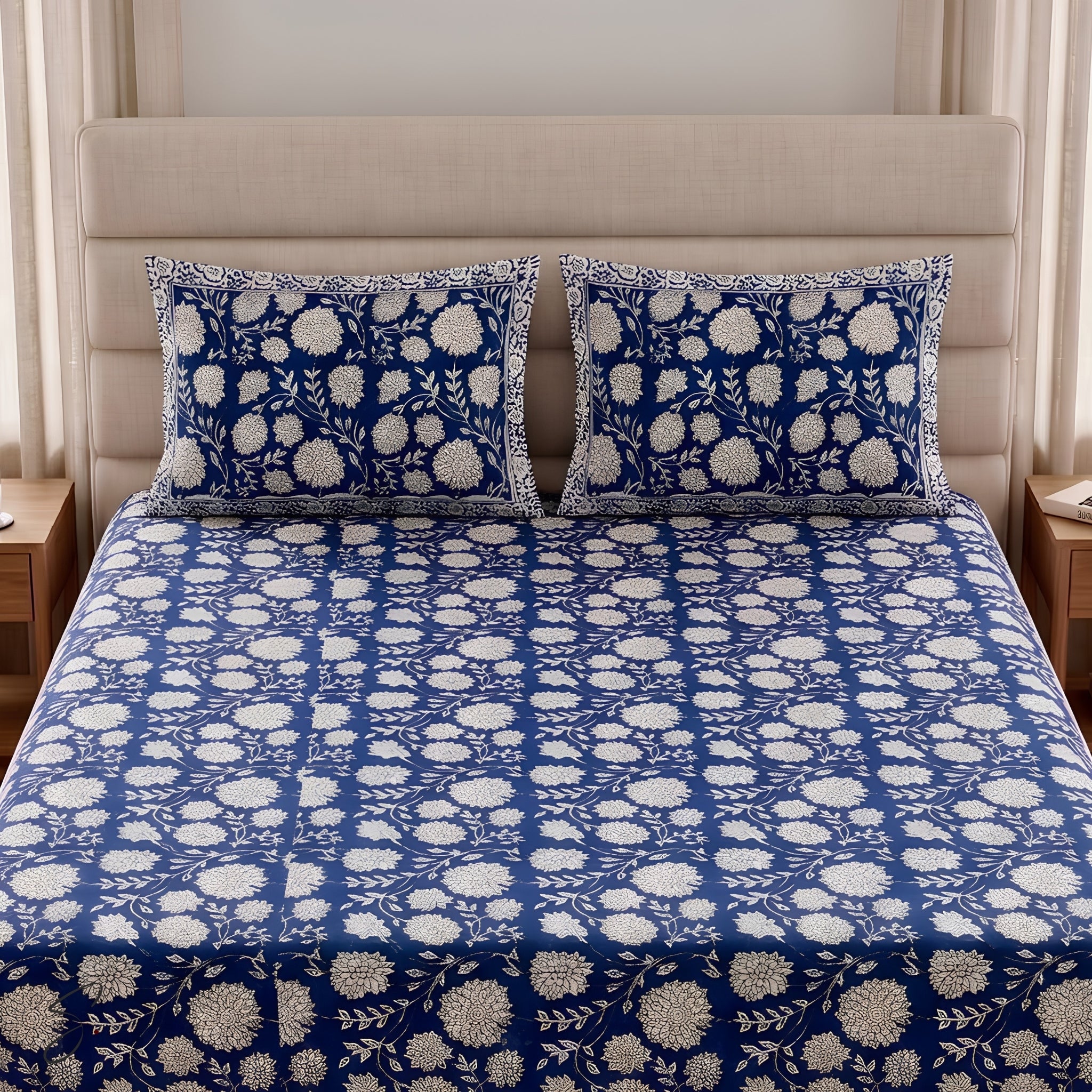 A neatly made bed with a blue and white floral print bedsheet and two matching pillowcases, set against a beige upholstered headboard in a bedroom.