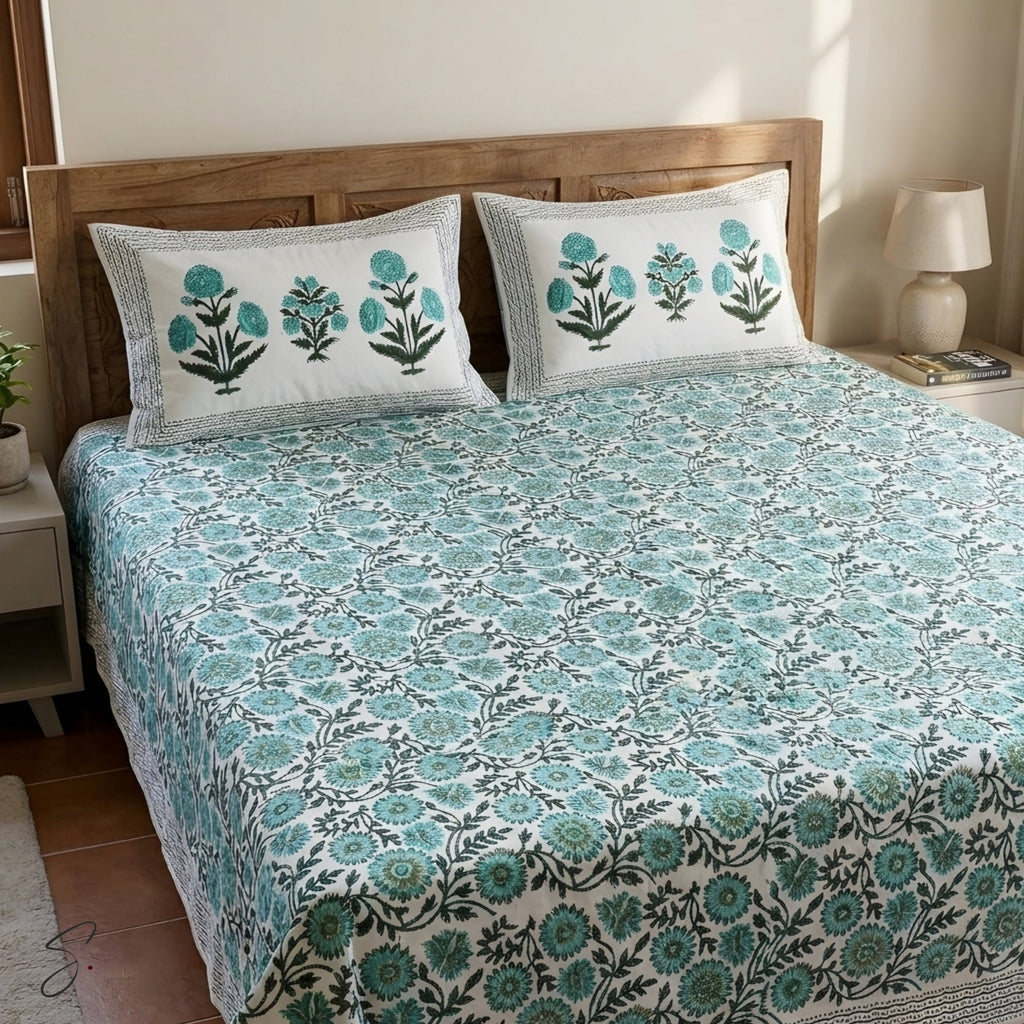 A bed dressed in a white cotton sheet and matching pillowcases featuring a teal and green floral block print, styled in a warm bedroom setting with a wooden headboard and bedside lamp.