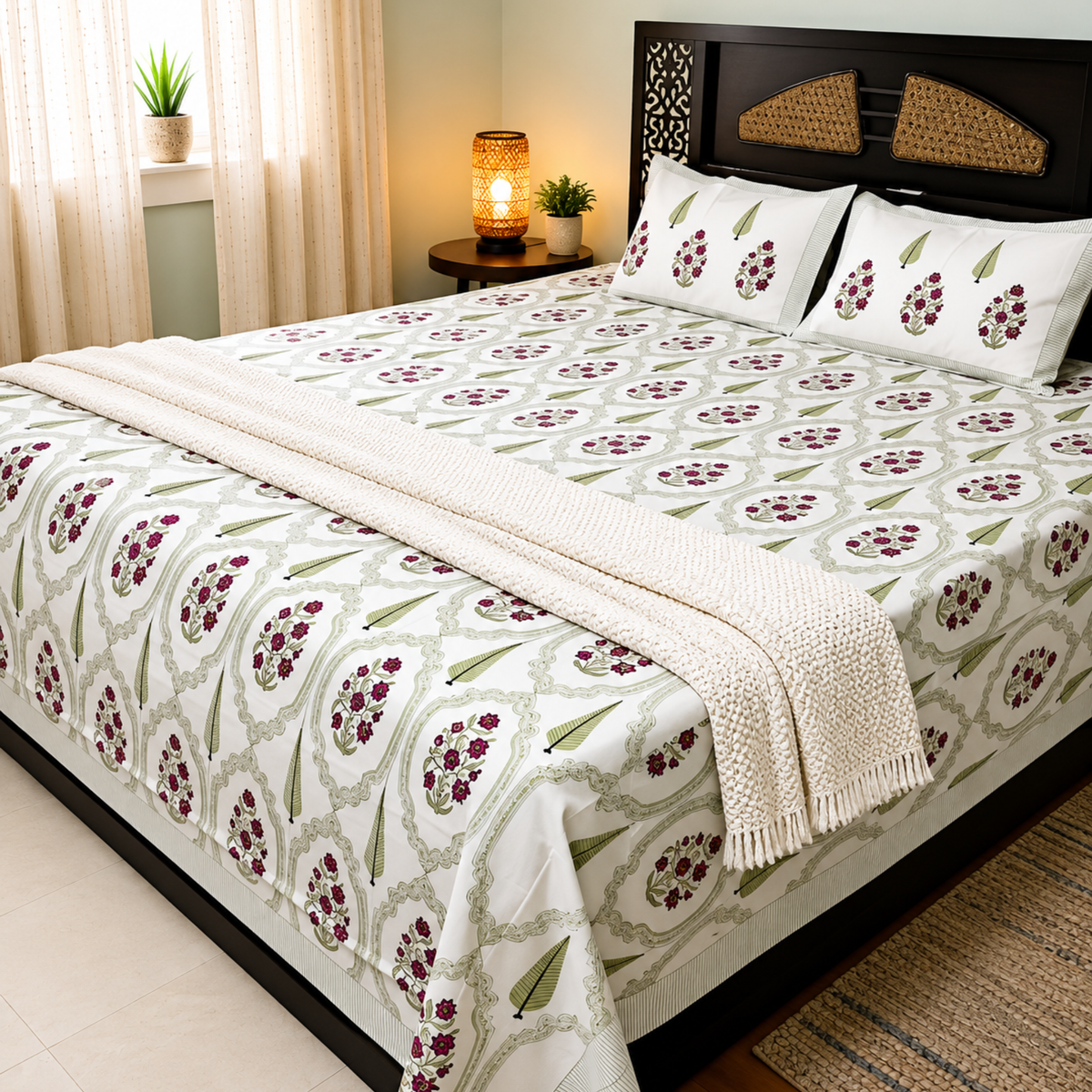 A neatly made bed in a bedroom setting, featuring a white quilted cover with a repeating green and burgundy floral pattern, matching pillowcases, and a cream-colored textured throw blanket draped across the foot of the bed.
