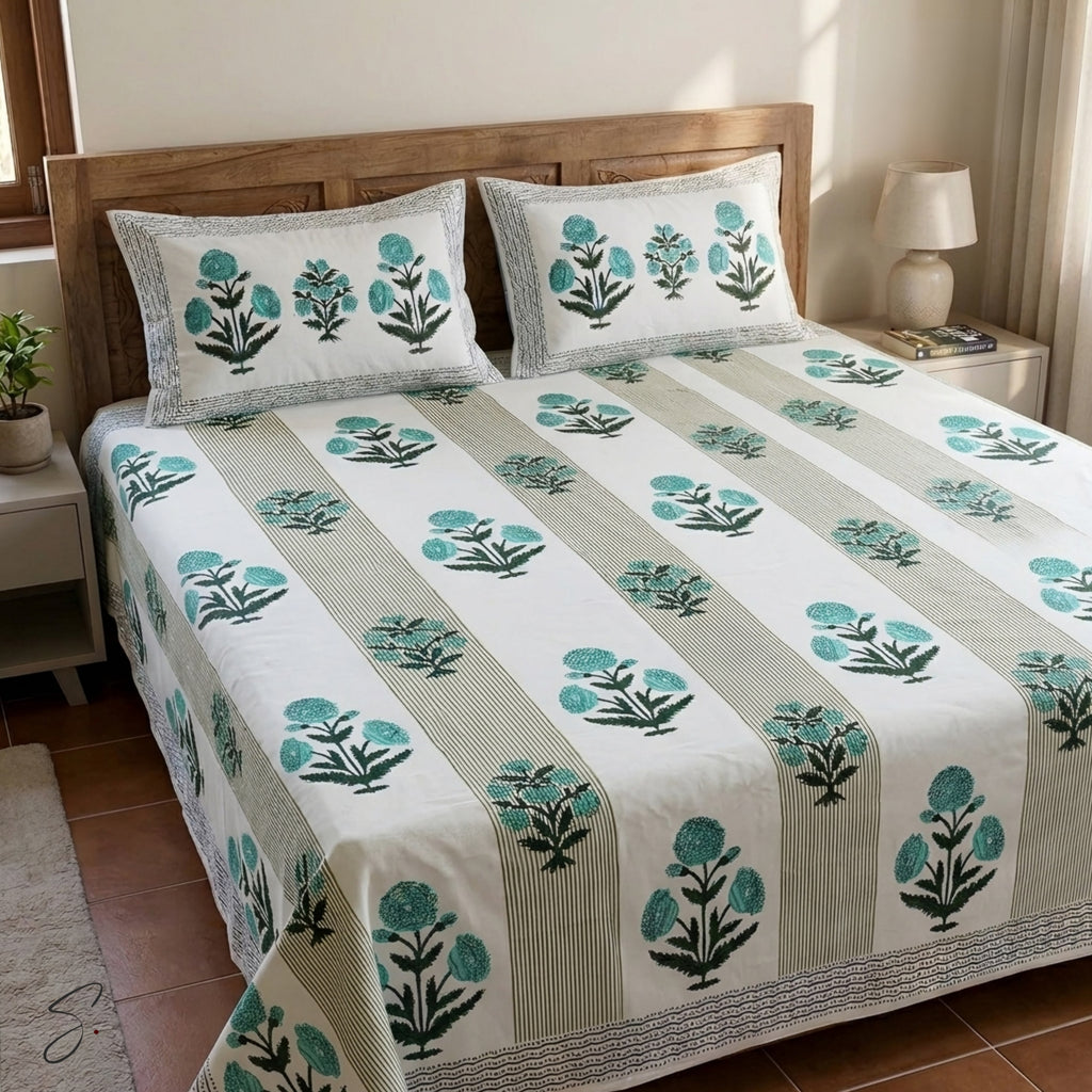 A bed dressed in a white bedding set with vertical sage green stripes and teal floral block prints, styled in a warm bedroom setting with a wooden headboard, bedside lamp, and small plant.