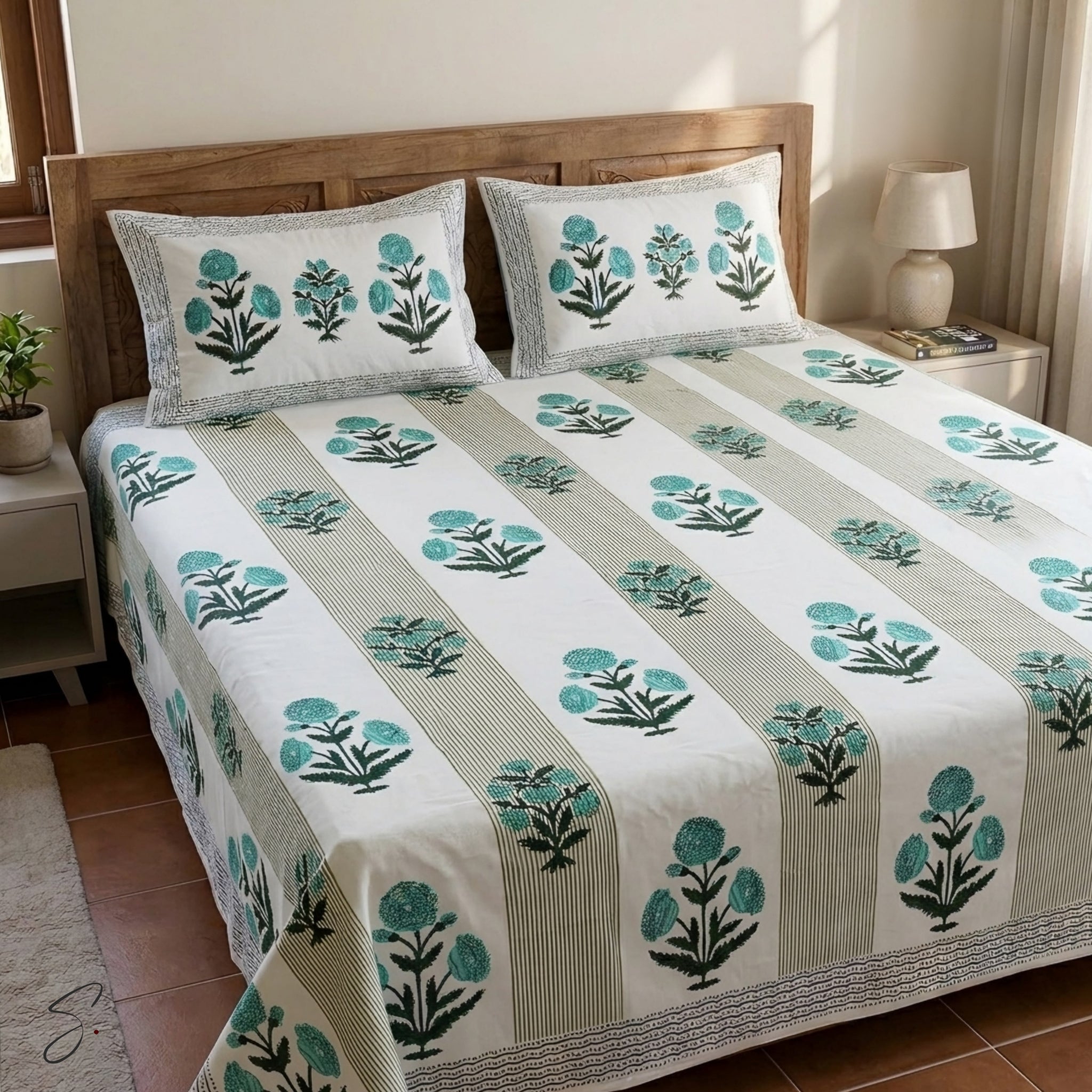 A bed dressed in a white bedding set with vertical sage green stripes and teal floral block prints, styled in a warm bedroom setting with a wooden headboard, bedside lamp, and small plant.