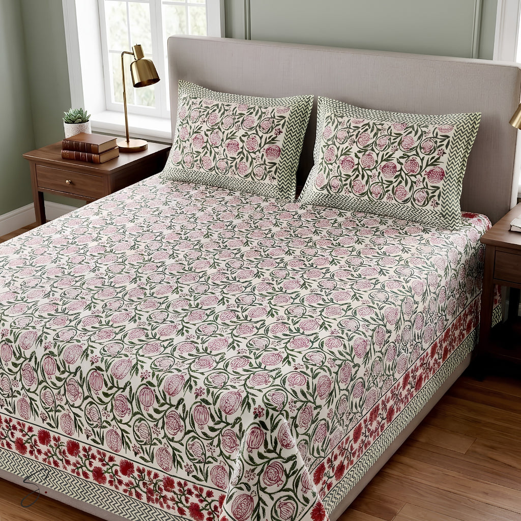 A floral-patterned bedspread and matching pillow shams are styled on a bed in a bedroom setting. The fabric features a repeating pattern of pink roses and green leaves on a cream background, with a solid green and white patterned border.