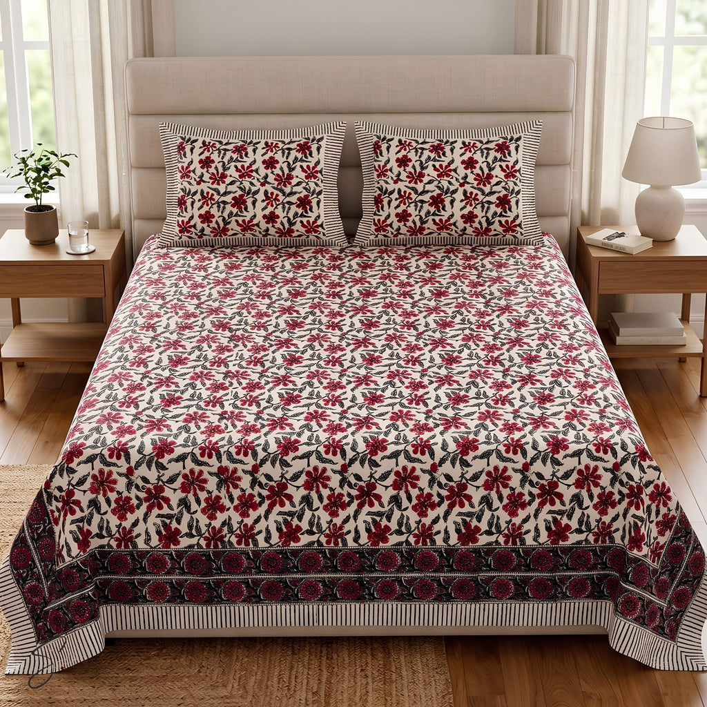 A neatly made bed in a bright bedroom setting, covered with a cream-colored bedspread and two matching pillowcases featuring a red and green floral pattern. The bed is flanked by wooden bedside tables with lamps and books, and large windows with sheer curtains are visible in the background.
