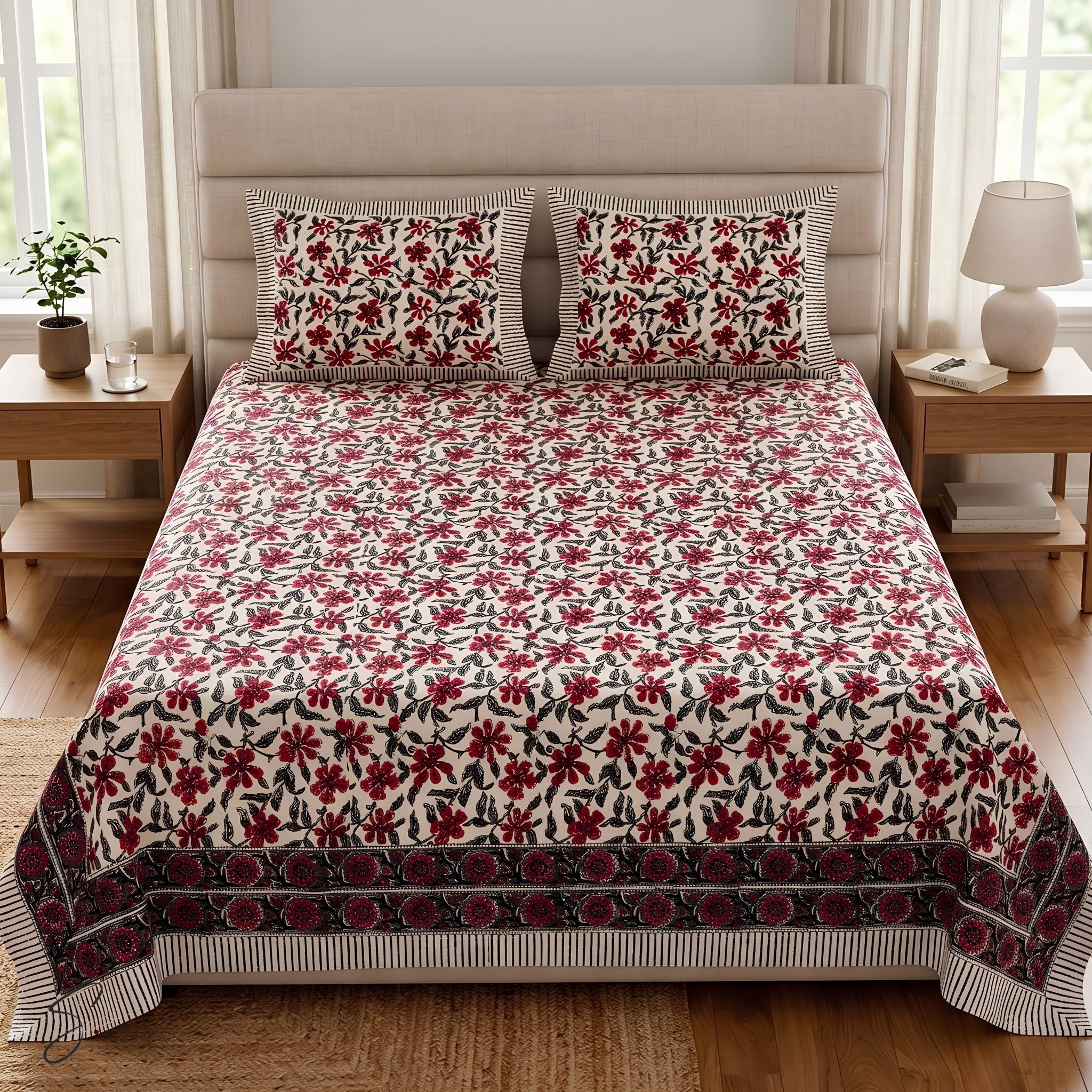 A neatly made bed in a bright bedroom setting, covered with a cream-colored bedspread and two matching pillowcases featuring a red and green floral pattern. The bed is flanked by wooden bedside tables with lamps and books, and large windows with sheer curtains are visible in the background.