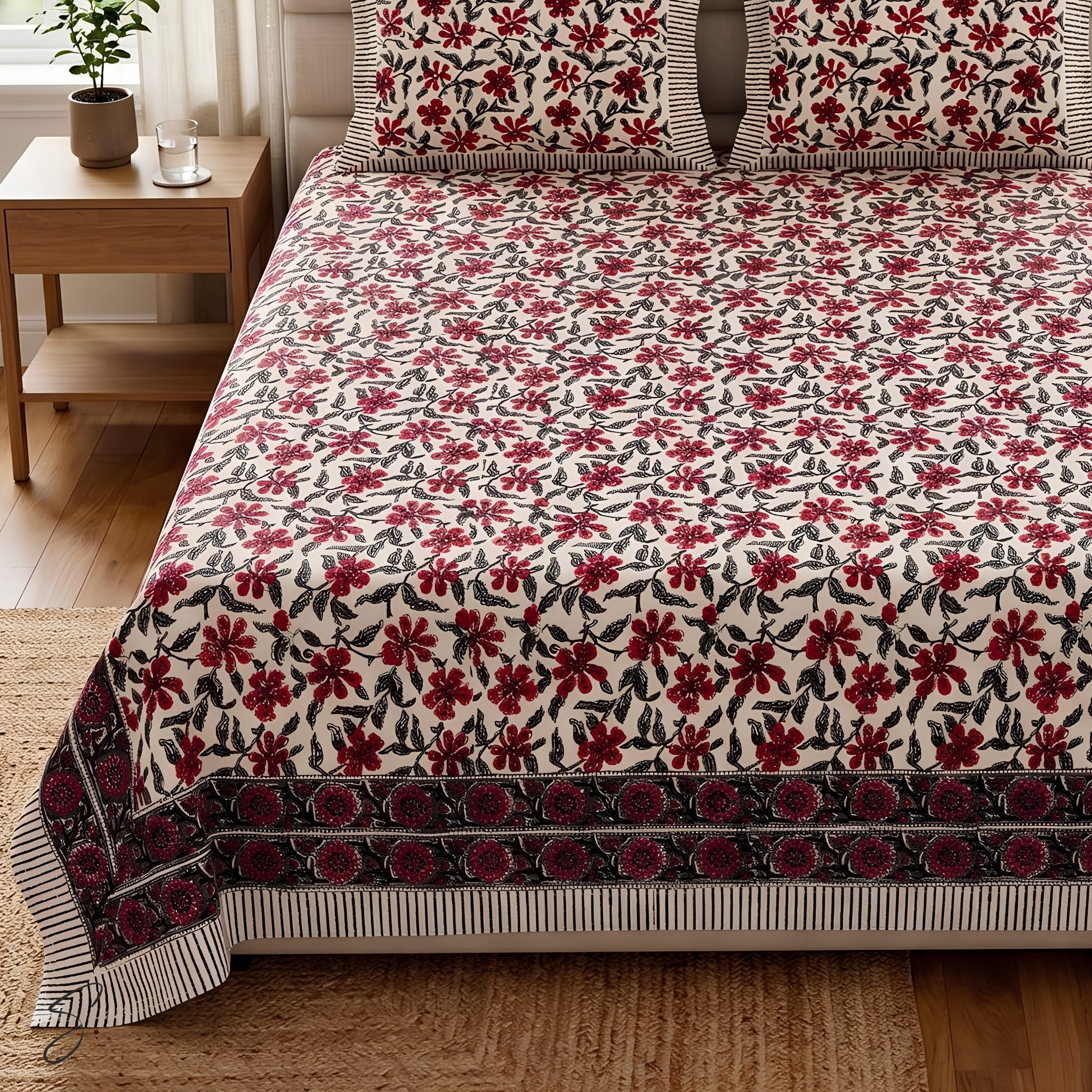 A floral printed bedspread set with matching pillowcases, featuring a cream background with red and black flowers and leaves, styled in a bedroom setting next to a wooden bedside table.