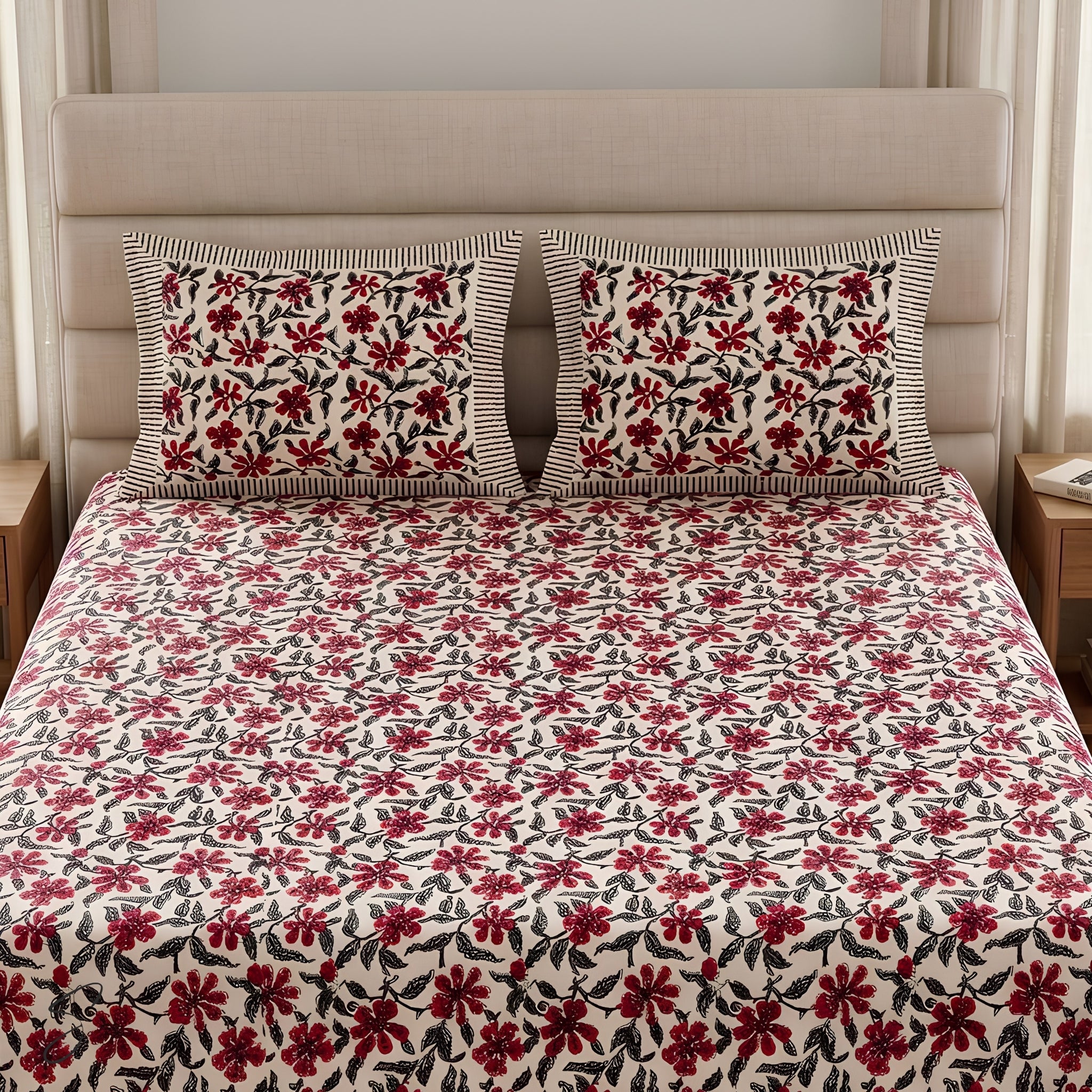 A bed dressed in a cream-colored cotton bedsheet set featuring a red and black floral block print, styled with two matching pillowcases in front of a beige upholstered headboard.