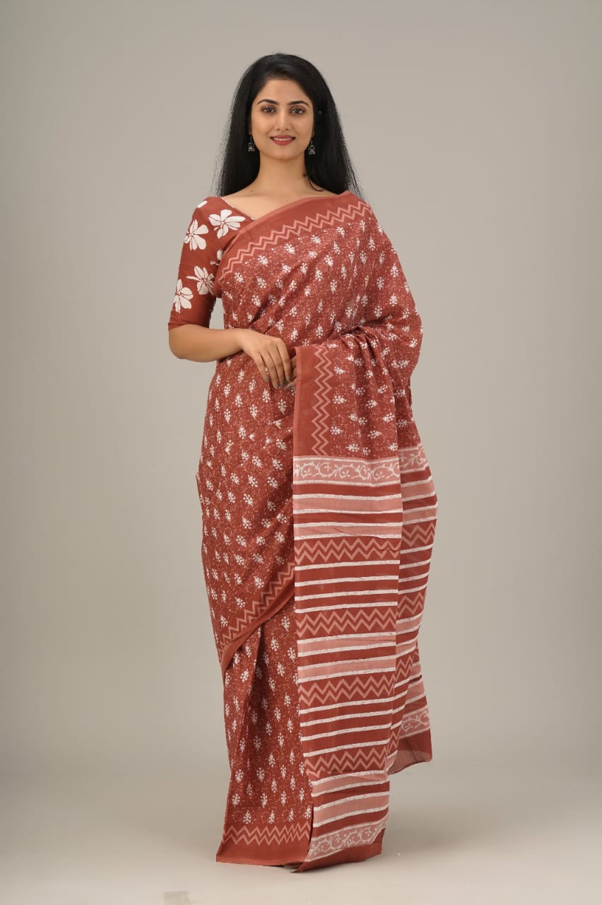 Patra Rekha Pure Cotton Bagru Print Saree-Rust Bown