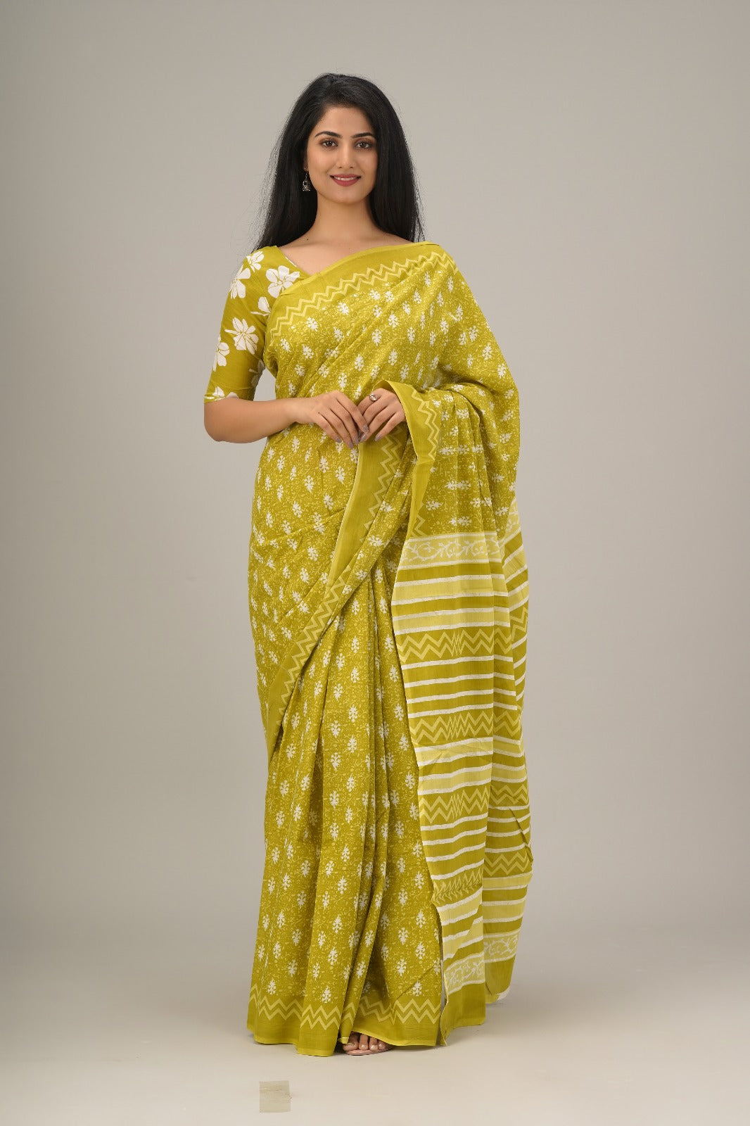 Patra Rekha Pure Cotton Bagru Print Saree-Mustard Bloom