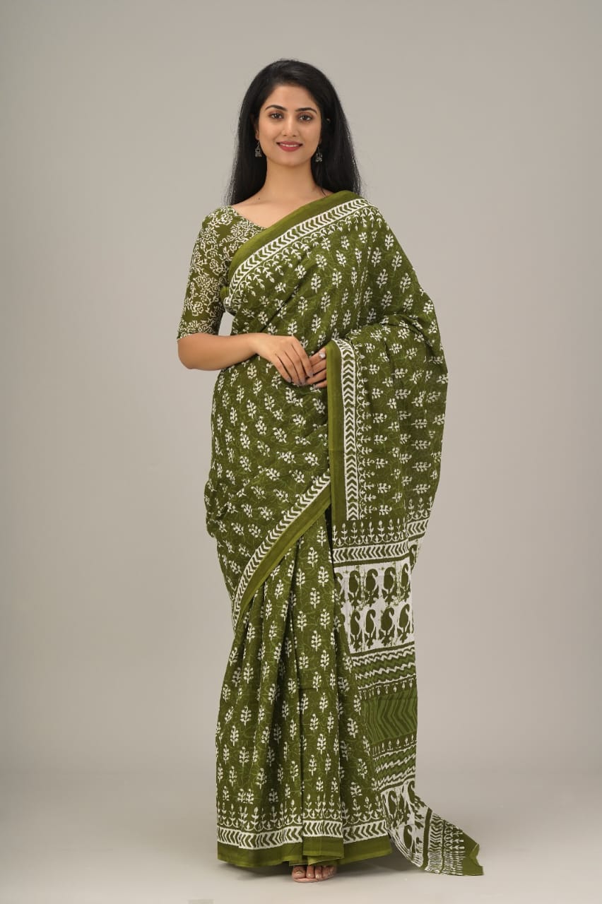 Patra Rekha Pure Cotton Bagru Print Saree-Olive