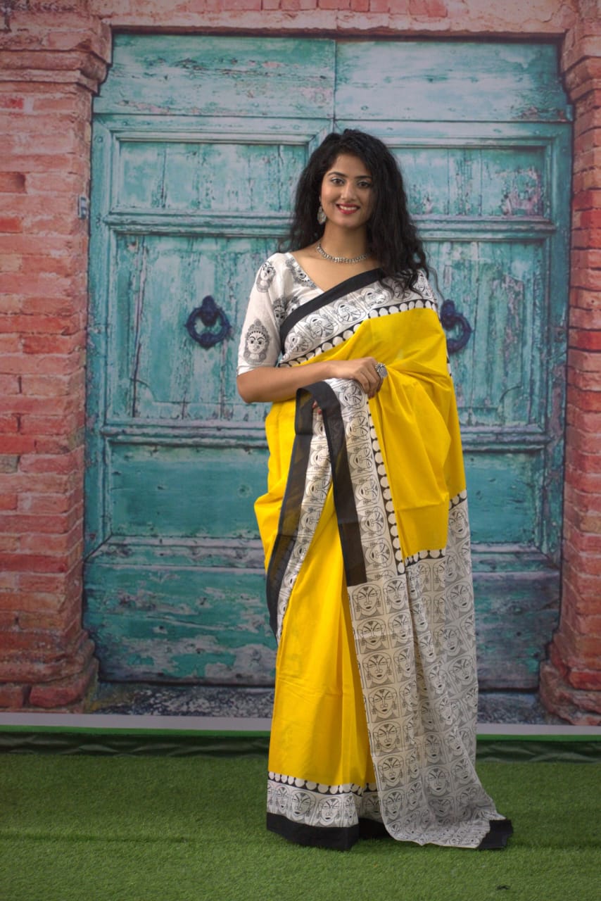 Folk-Mukha Pure Cotton Bagru Print Saree-Genda