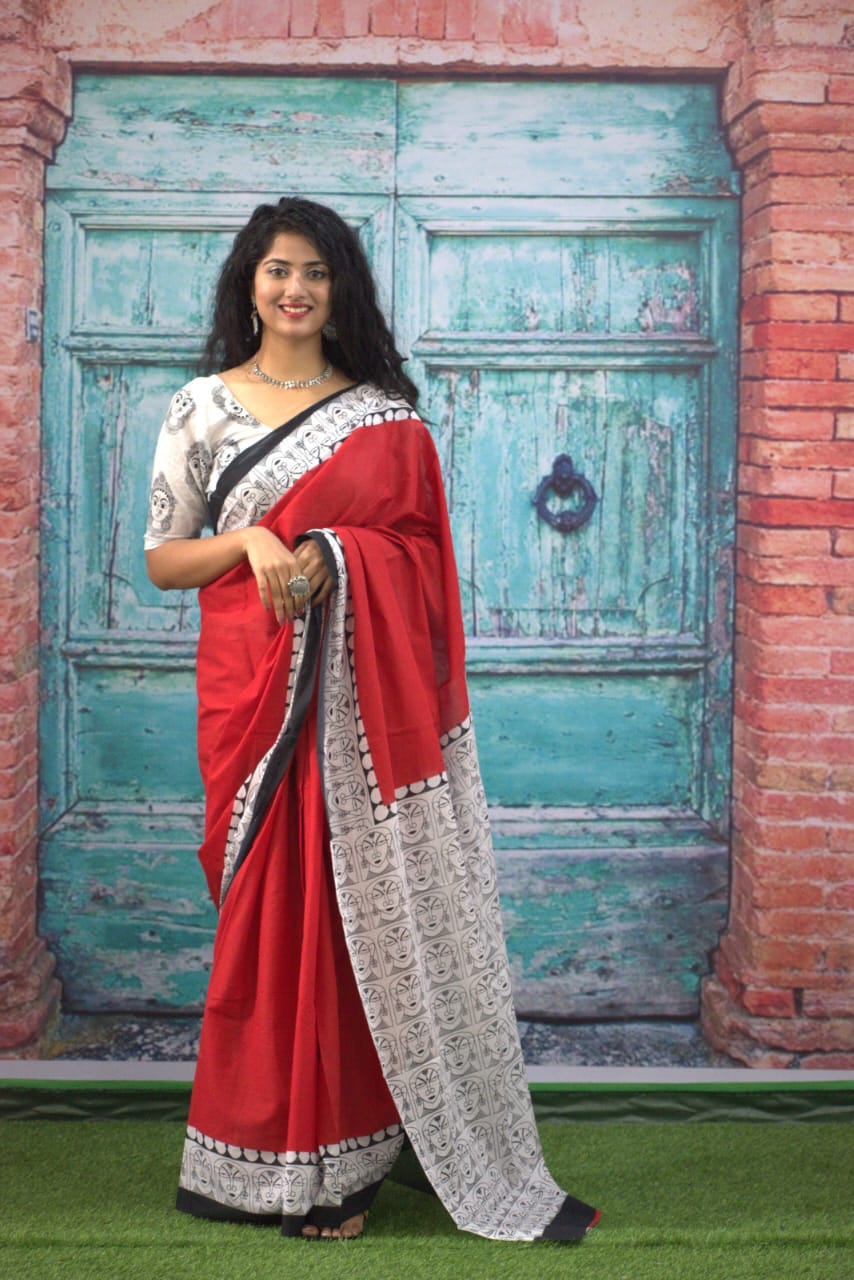 Folk-Mukha Pure Cotton Bagru Print Saree-Raktika