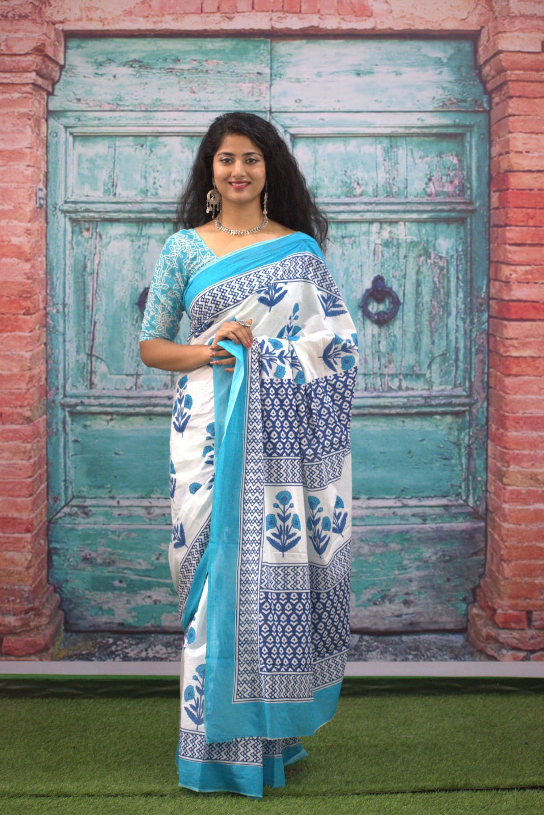 Pankhuri Bloom Pure Cotton Bagru Print Saree-Megh Neel