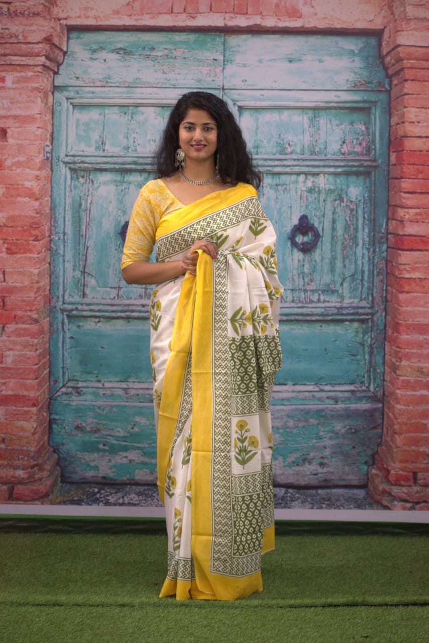 Pankhuri Bloom Pure Cotton Bagru Print Saree-Haldi Patta