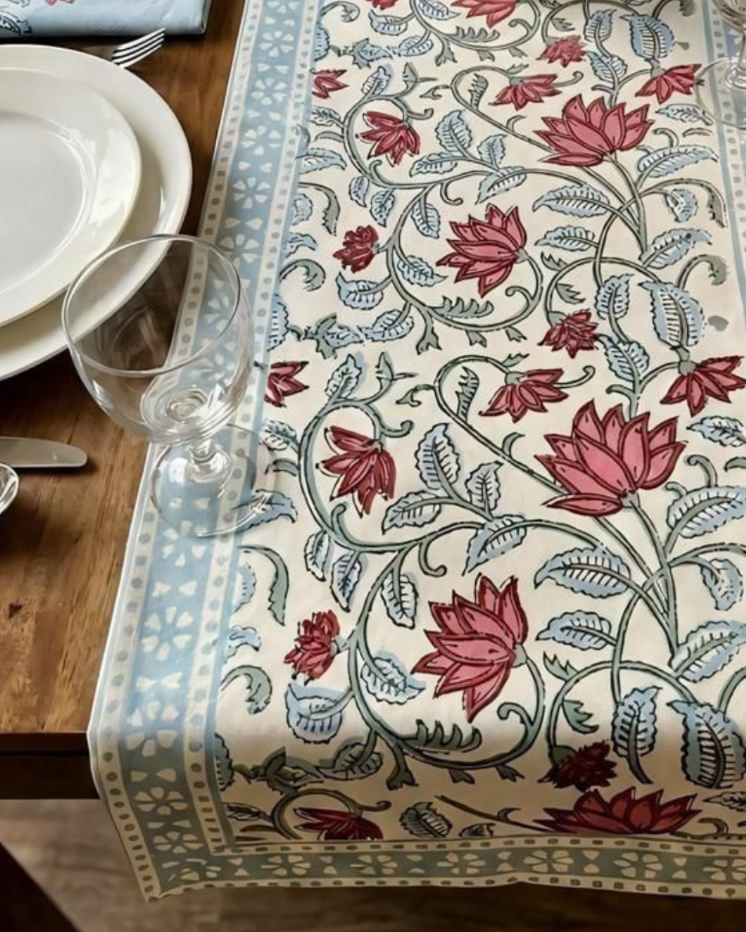 Lotus Blue Border | Cotton Table Runner 6 seater