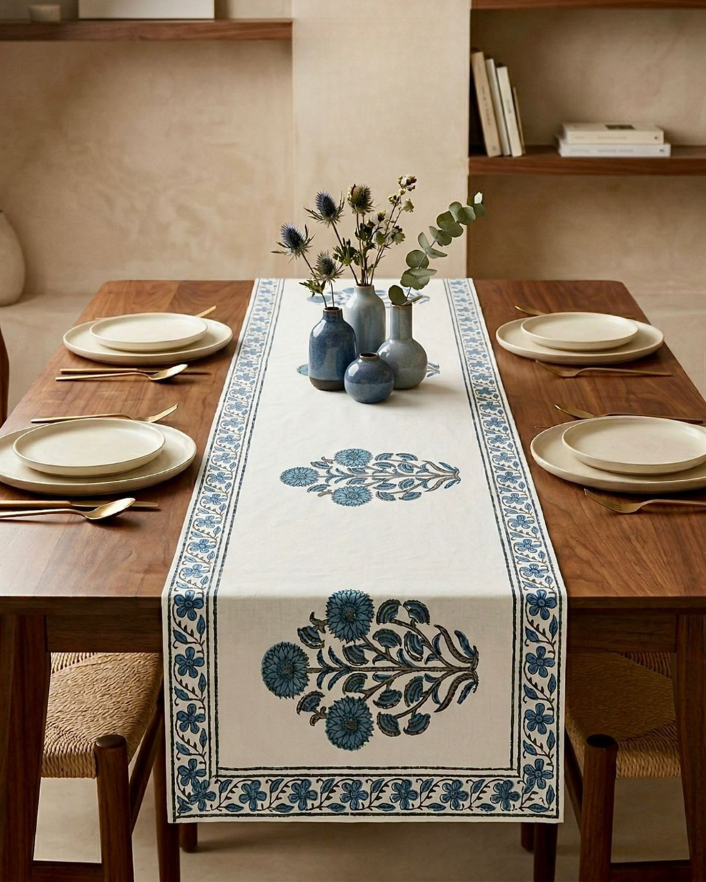 Floral Blue Buta | Cotton Table Runner 6 seater