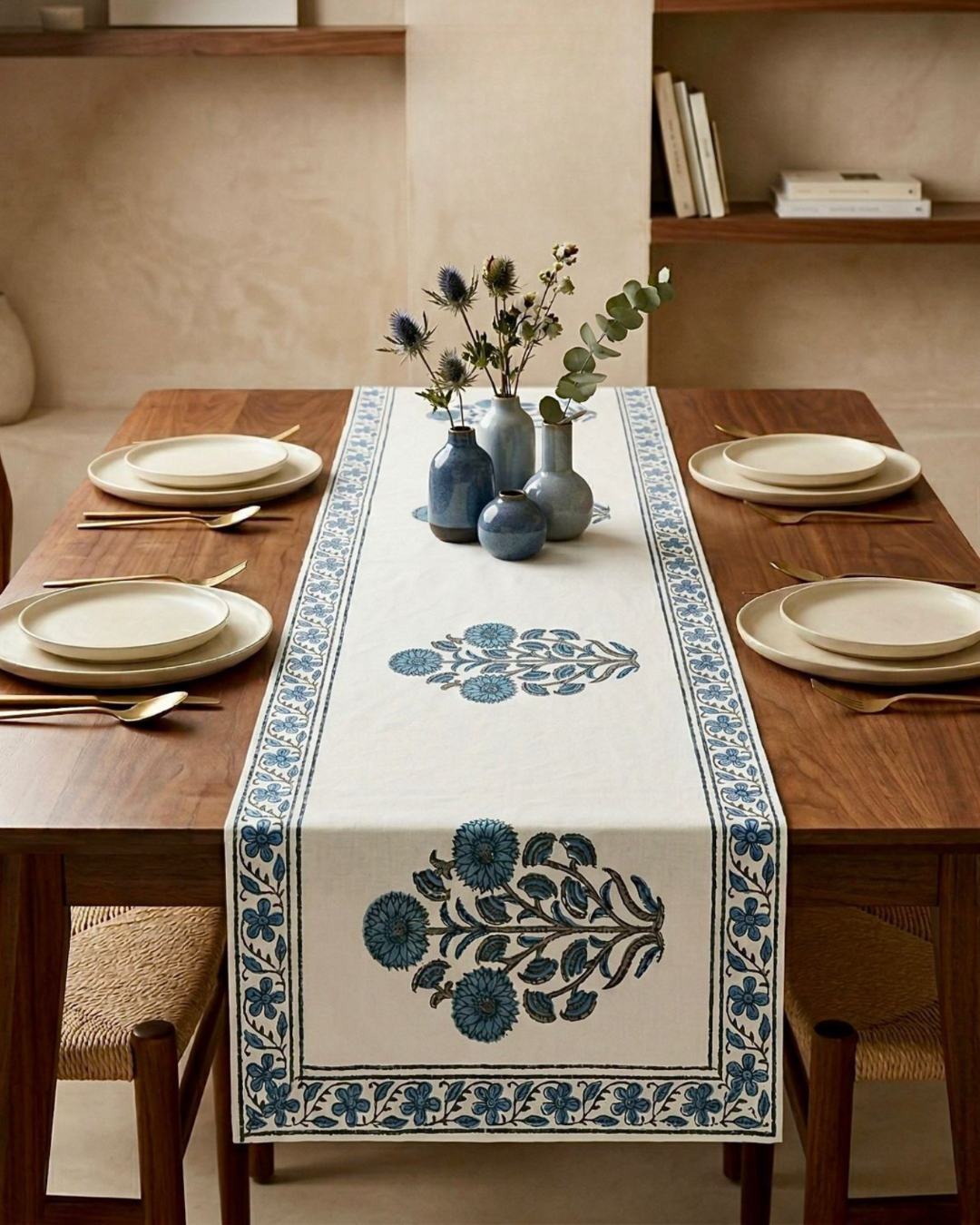 Floral Blue Buta | Cotton Table Runner 6 seater