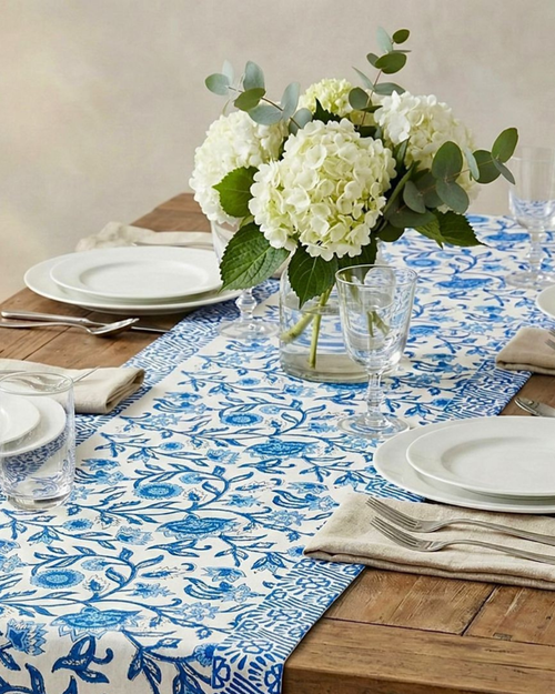 Aqua Floral Bel | Cotton Table Runner 6 seater