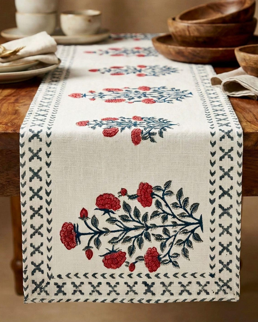 Red Floral | Jute Table Runner 6 seater