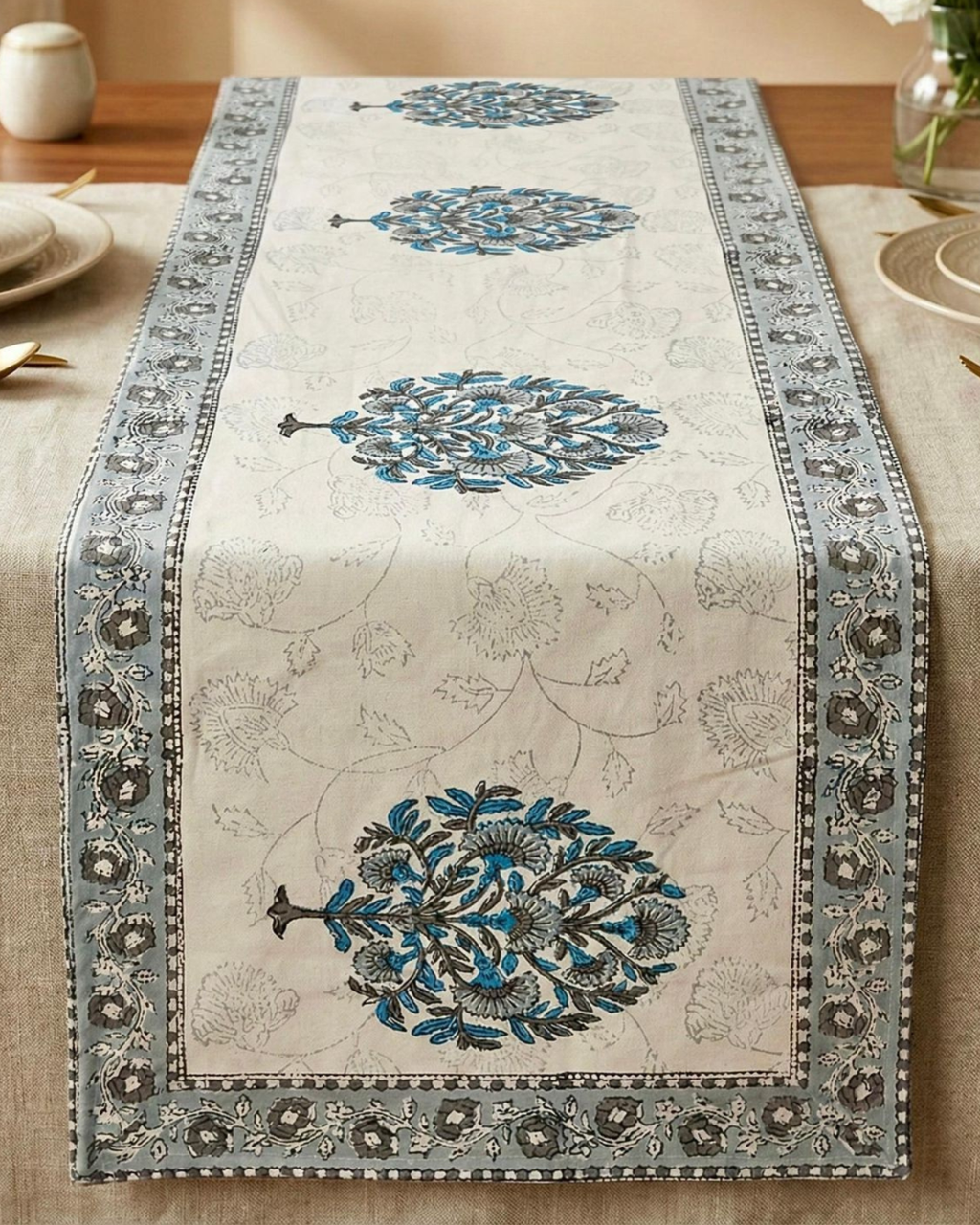 Blue Mughal Motif | Cotton Table Runner 6 seater
