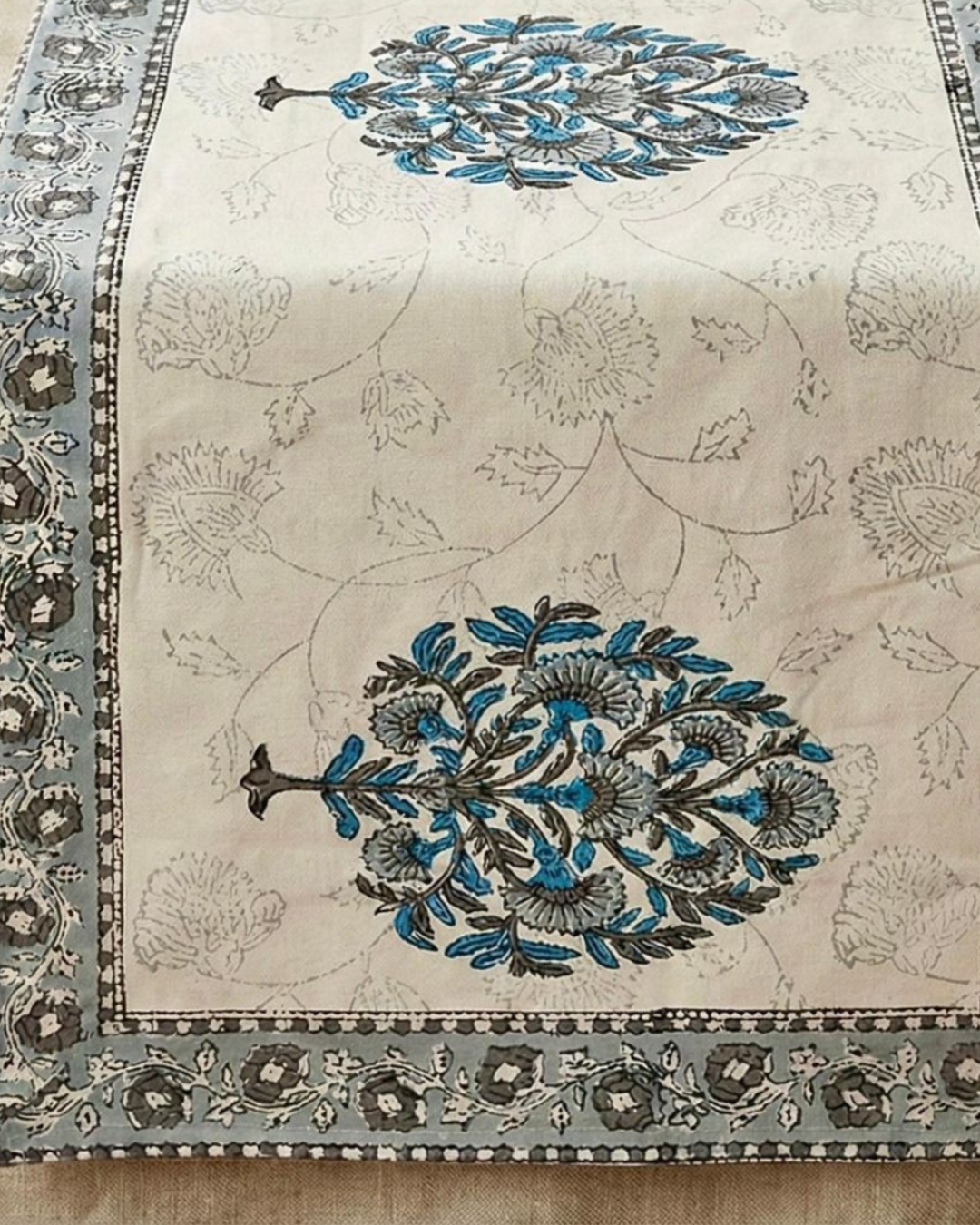Blue Mughal Motif | Cotton Table Runner 6 seater