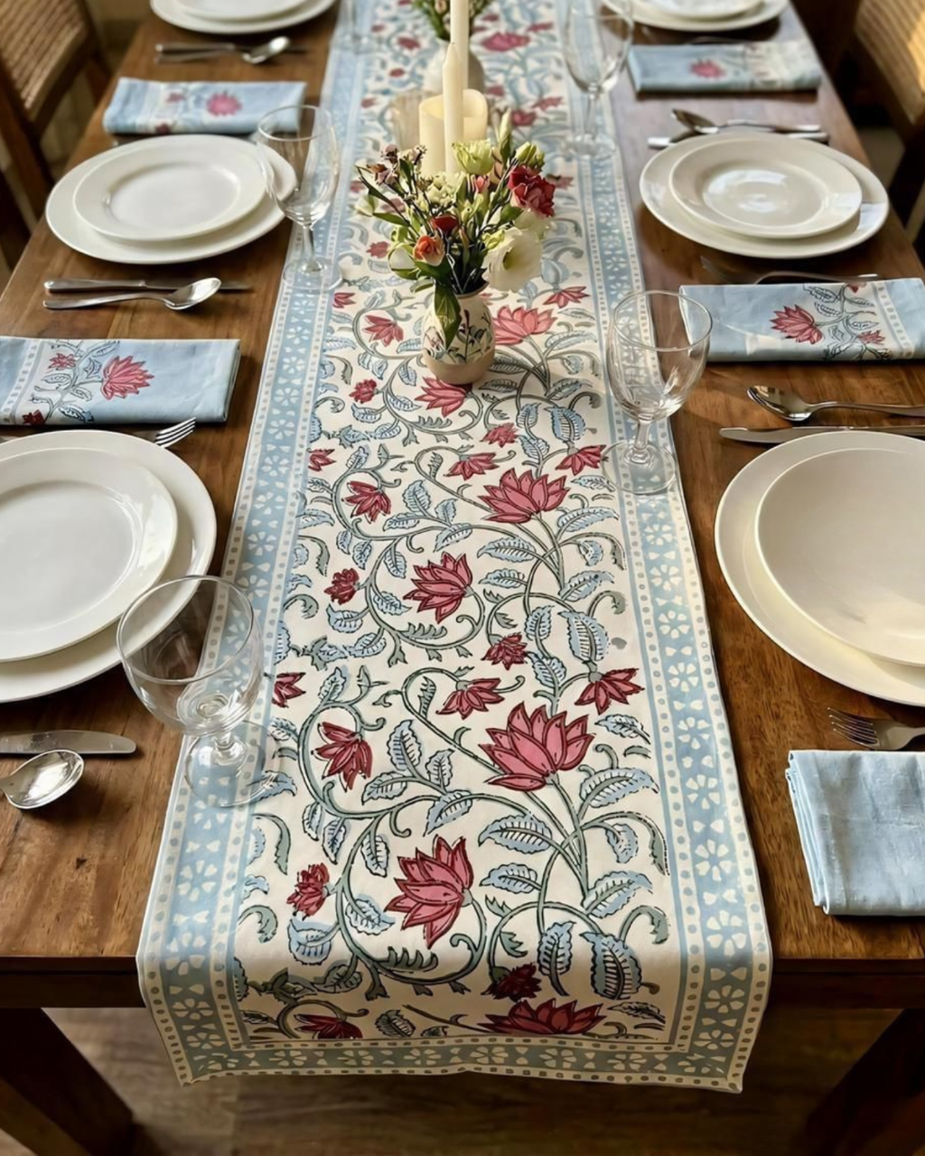 Lotus Blue Border | Cotton Table Runner 6 seater