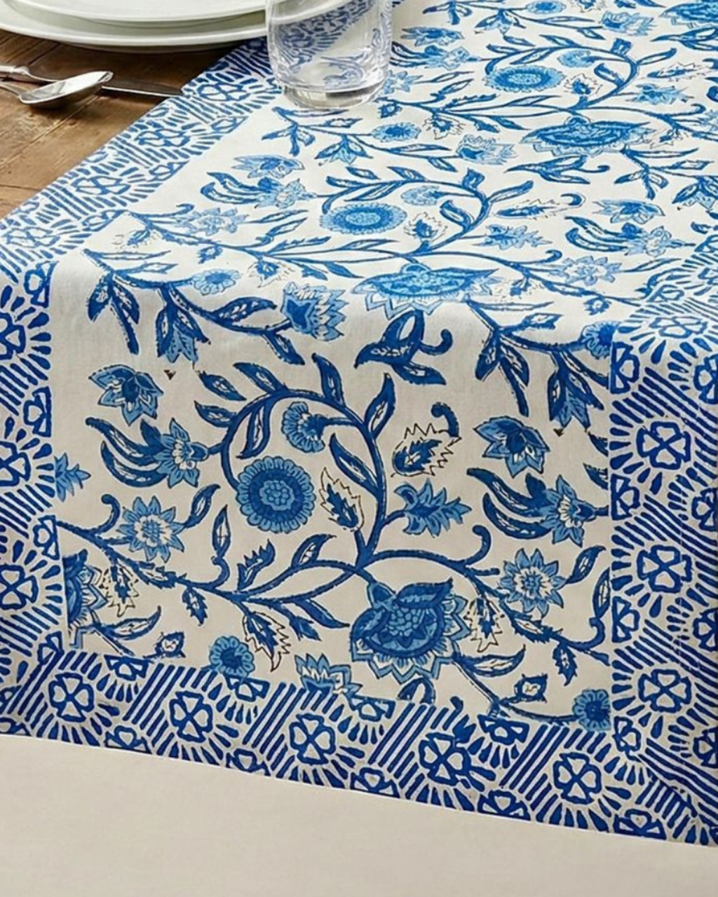 Aqua Floral Bel | Cotton Table Runner 6 seater