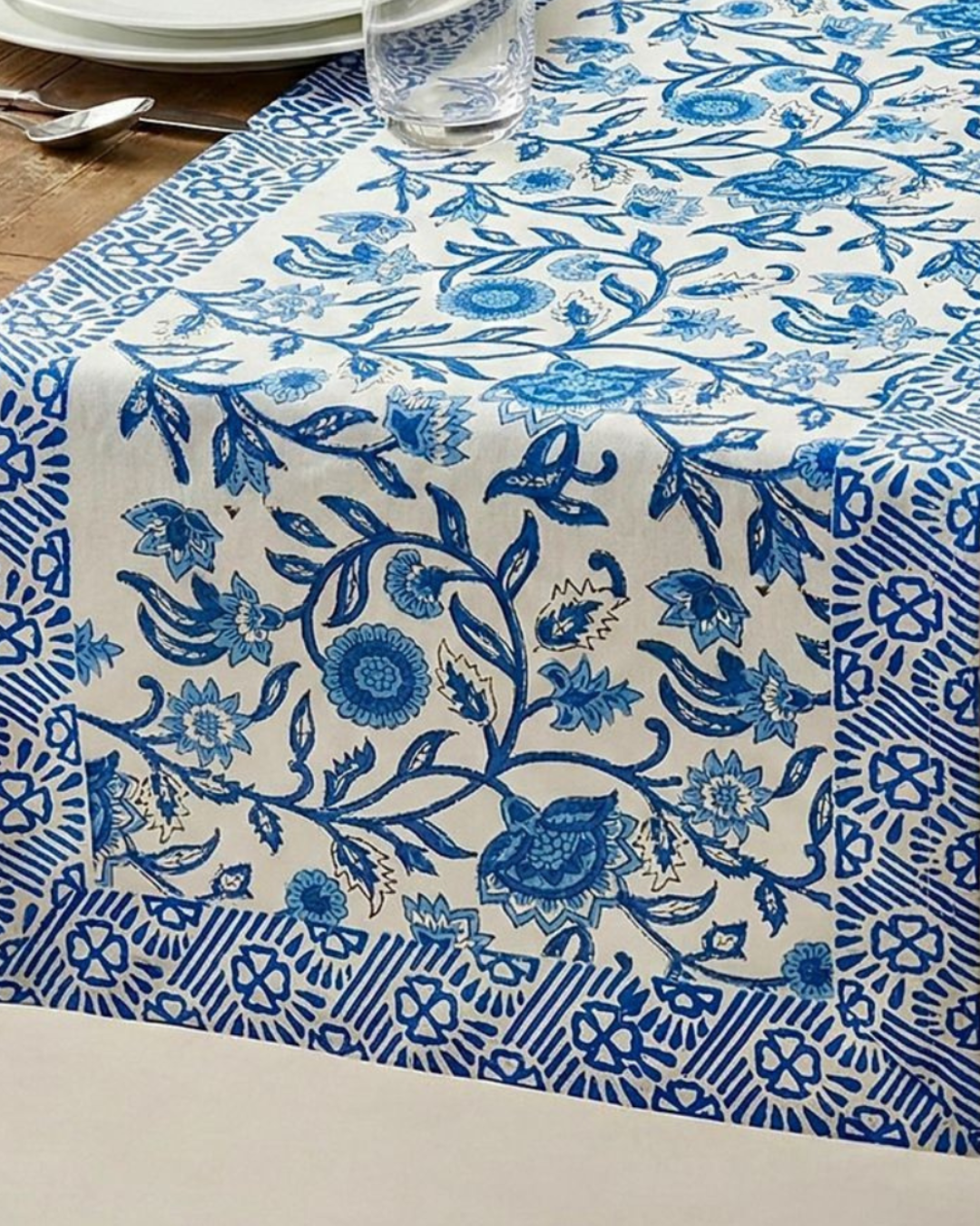 Aqua Floral Bel | Cotton Table Runner 6 seater