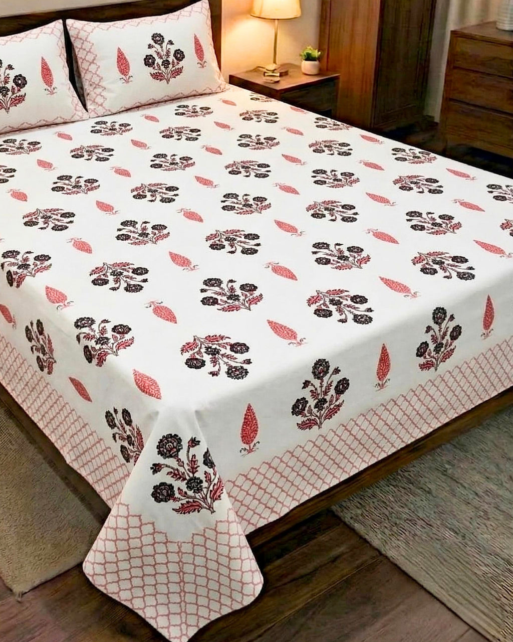 Gulabi Patti Block Barmeri | King Bedsheet