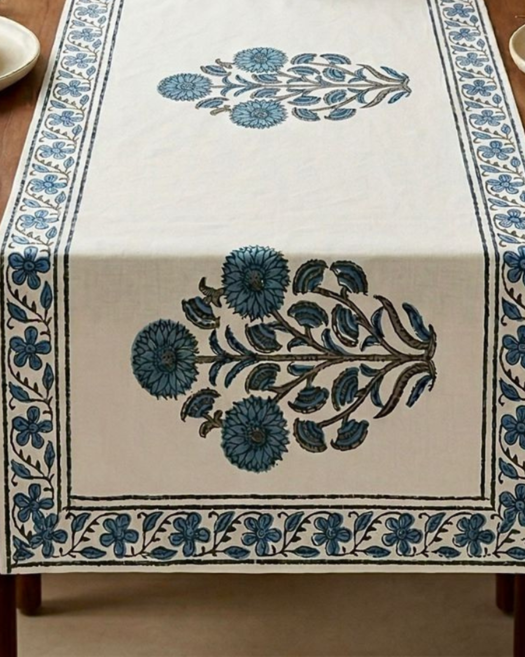 Floral Blue Buta | Cotton Table Runner 6 seater