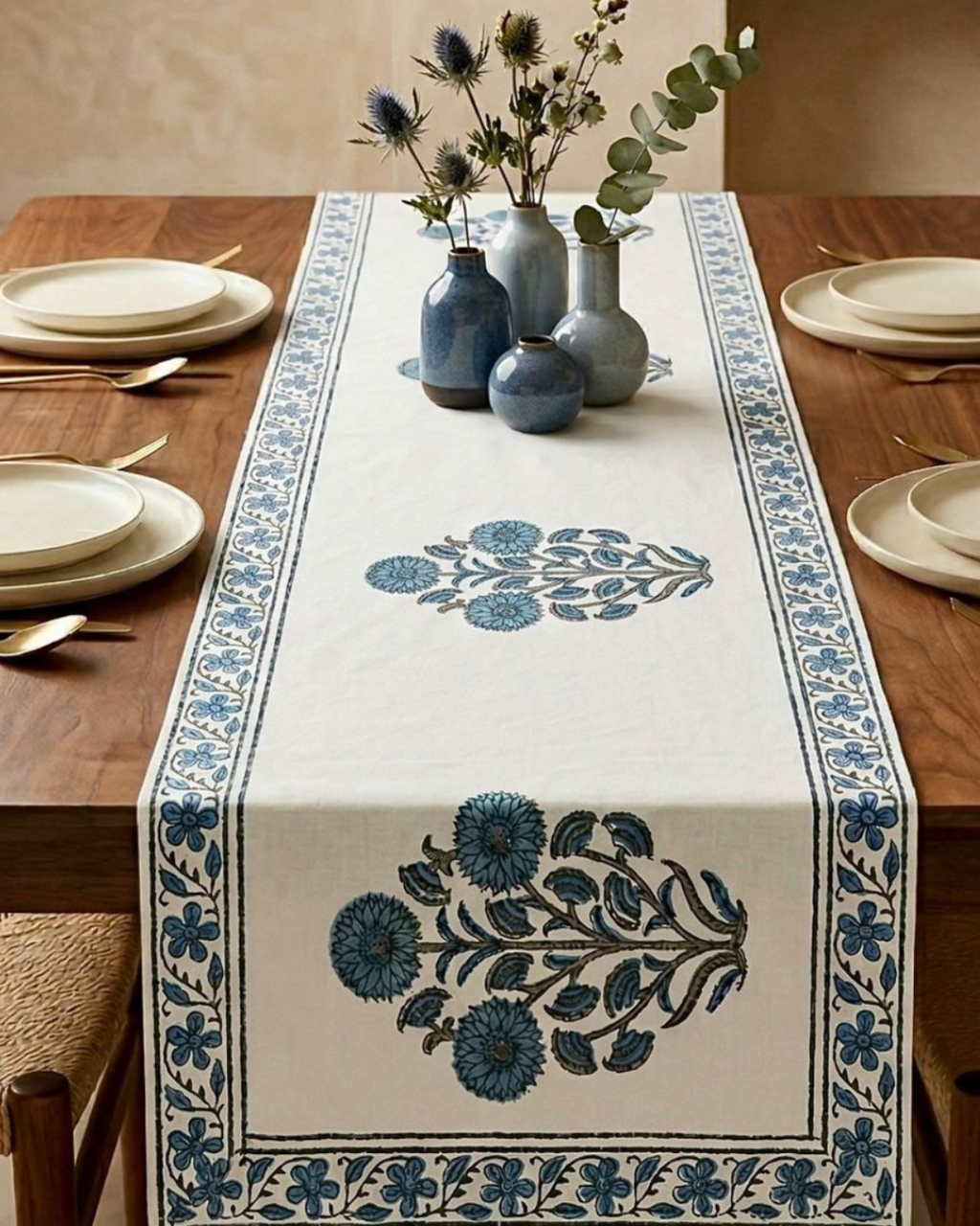 Floral Blue Buta | Cotton Table Runner 6 seater