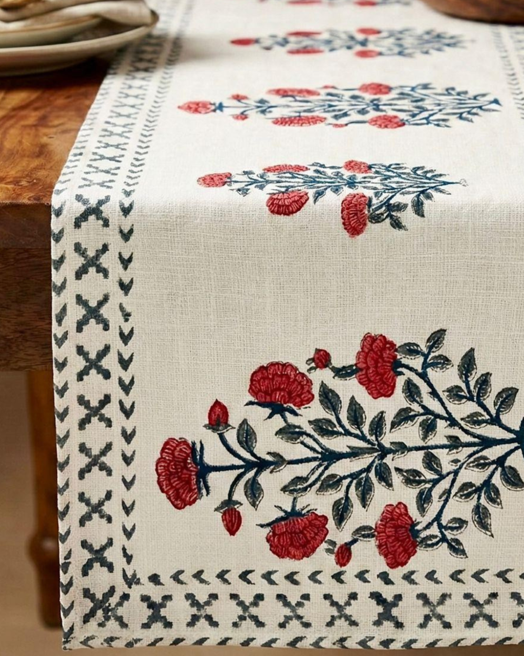 Red Floral | Jute Table Runner 6 seater