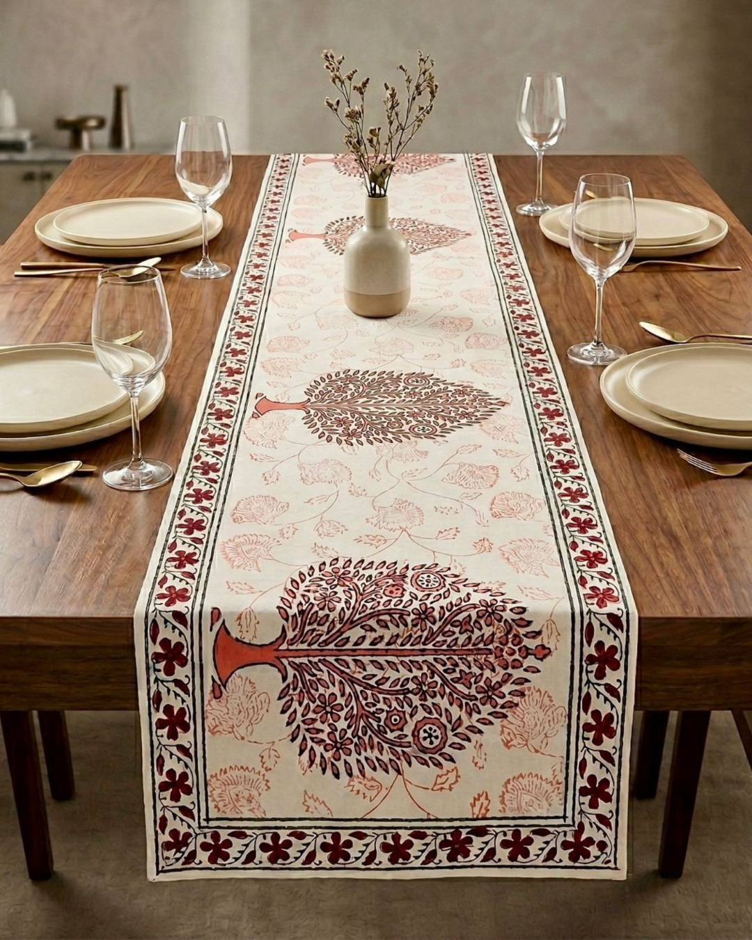 Rustic Mughal Motif | Cotton Table Runner 6 seater