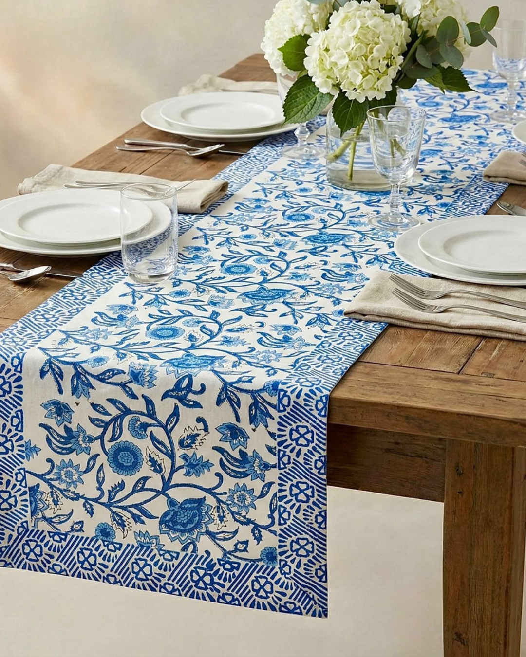 Aqua Floral Bel | Cotton Table Runner 6 seater